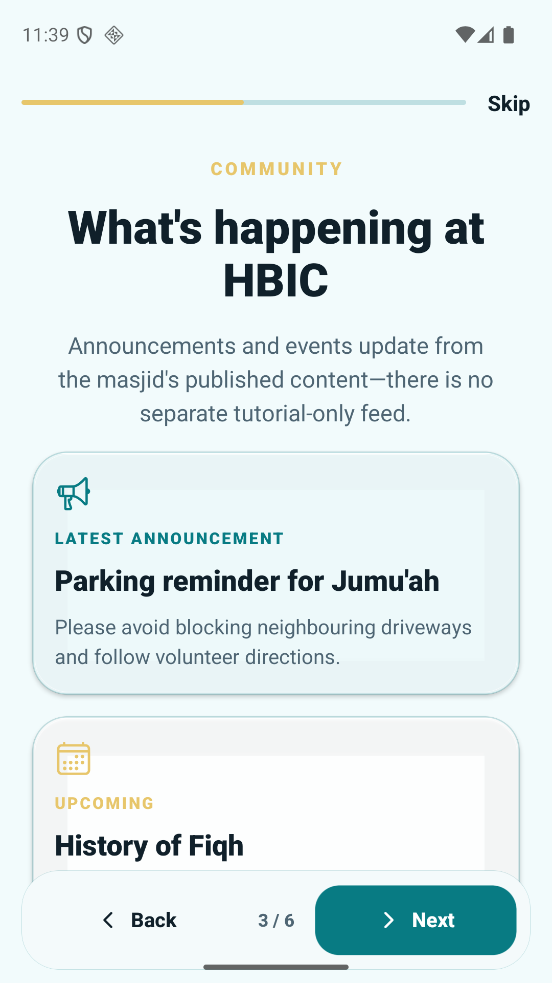 Masjid Bilal Android community screen showing current masjid information