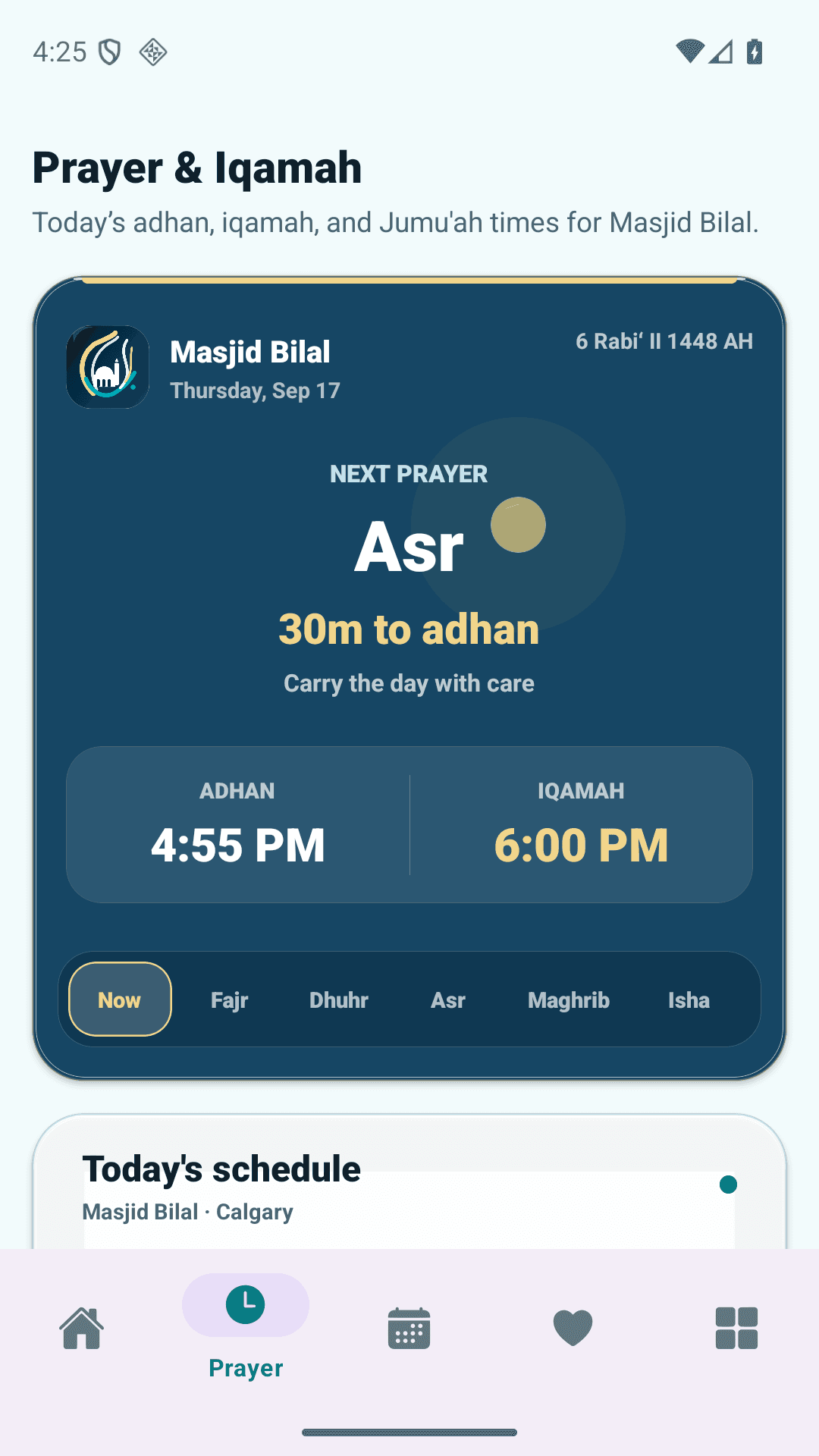 Masjid Bilal Android prayer screen showing today’s prayer and iqamah times