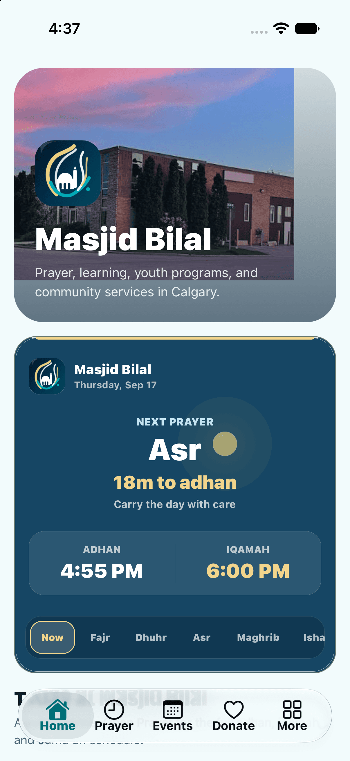 Masjid Bilal iPhone home screen showing the next prayer and iqamah time